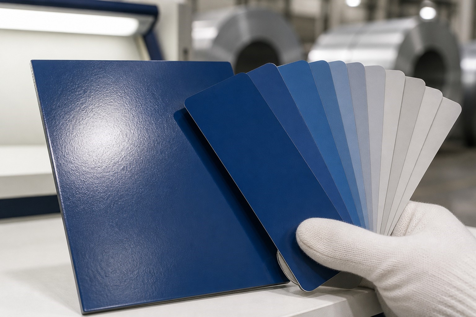 ral color coated steel quality check - inspector comparing a coated steel sample with RAL color fan chips under calibrated light