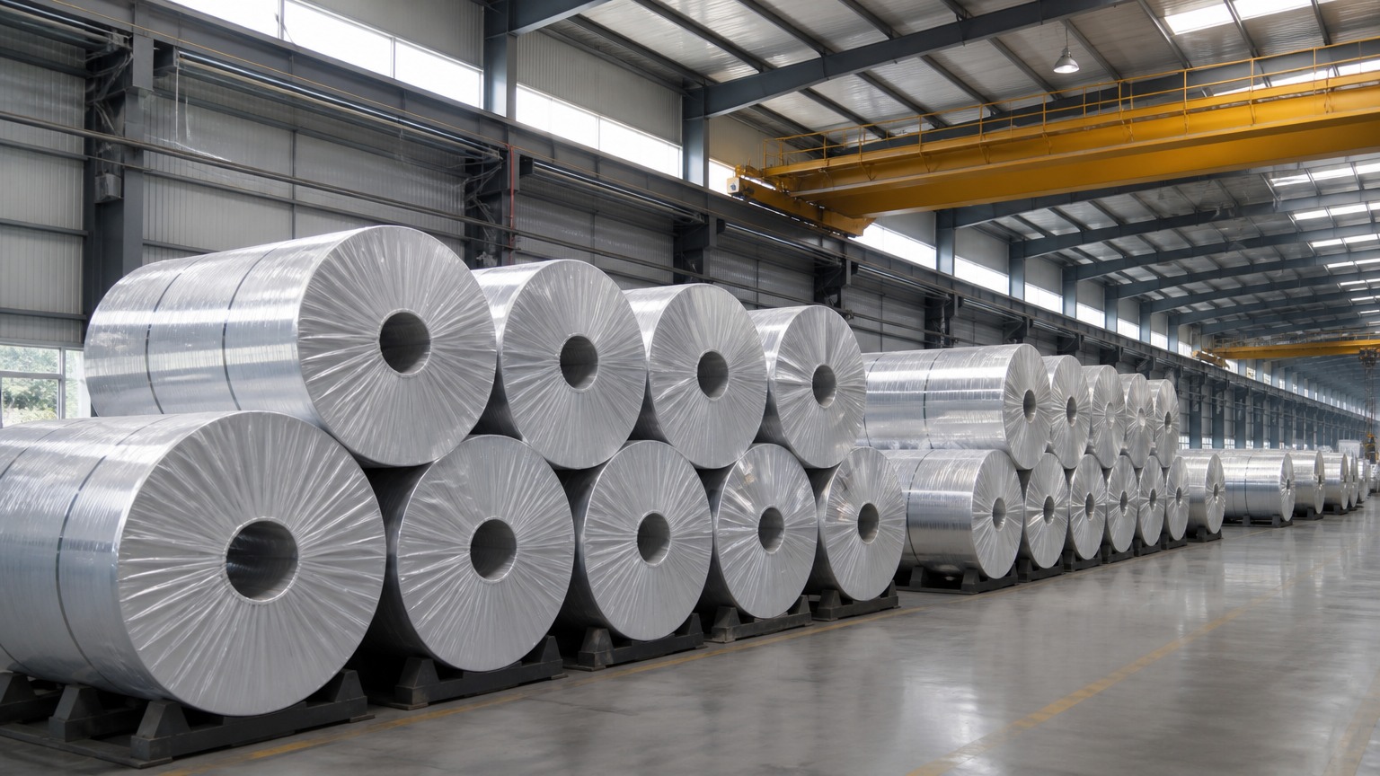 aluminum 8011 vs 1235 - jumbo aluminum foil coils stacked in a mill warehouse during alloy selection