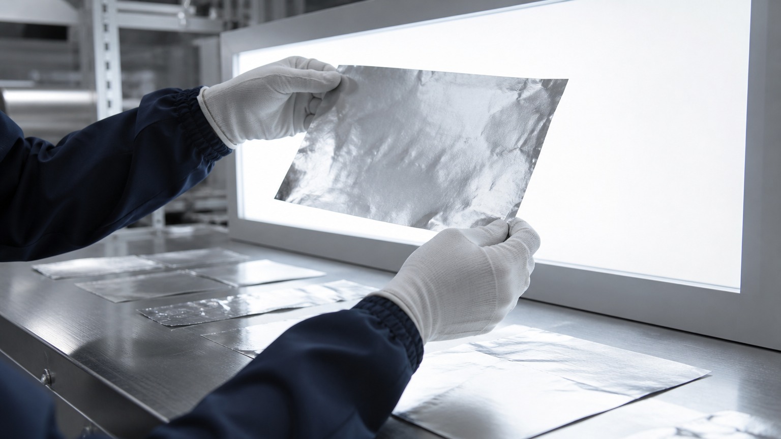 aluminum 8011 vs 1235 - gloved hands inspecting aluminum foil surface under backlight before shipment