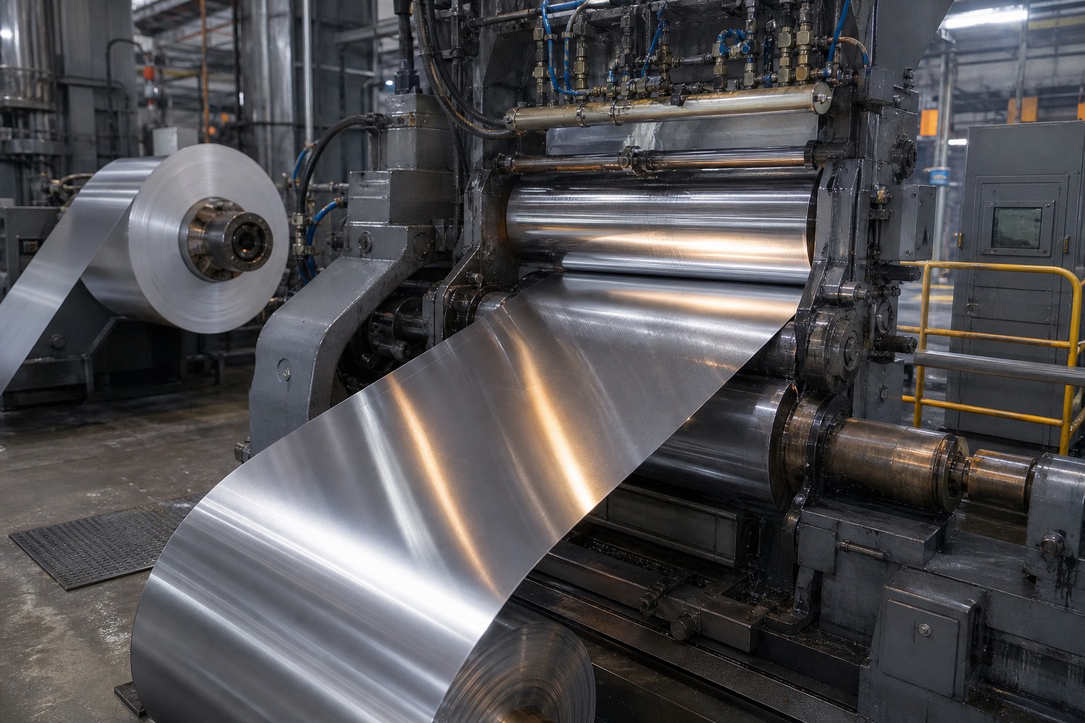 aluminum foil roll production - thin aluminium foil strip running through a rolling mill line