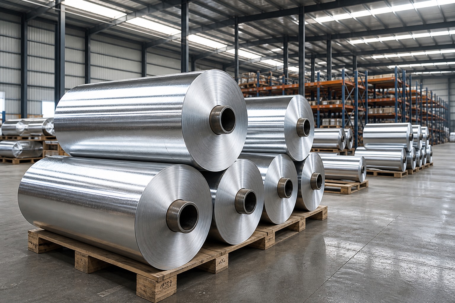 aluminum foil roll temper - soft temper aluminium foil rolls stacked on pallets in dry warehouse storage