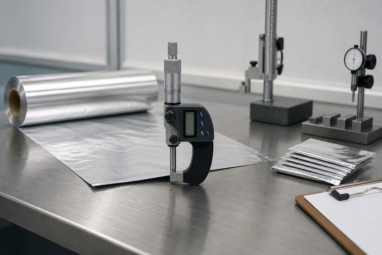 aluminum foil roll inspection - digital micrometer measuring aluminium foil thickness at a quality control station