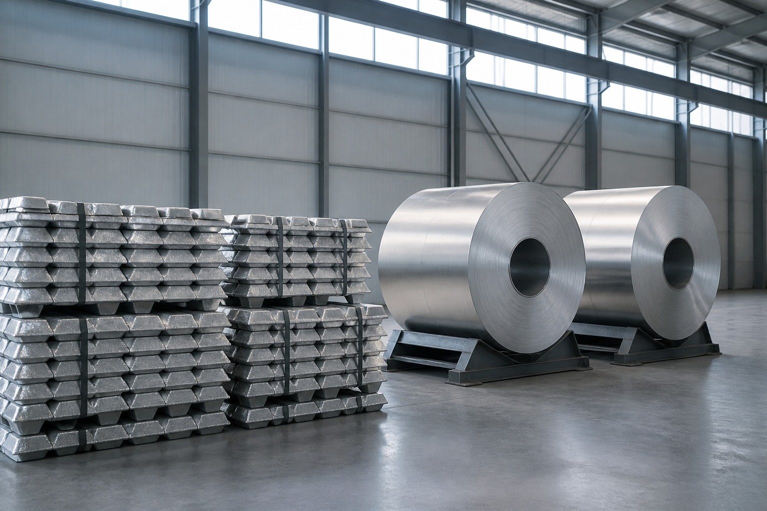 aluminum foil thickness - aluminium ingots and cast coils staged in a plant warehouse before foil rolling