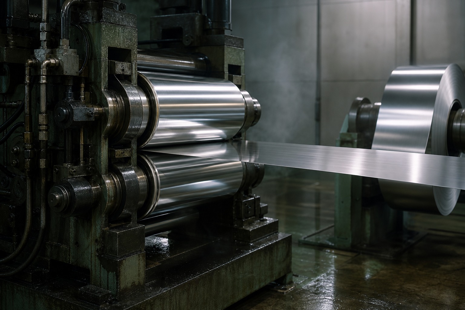 aluminum foil thickness - thin aluminium foil web running through a cold rolling mill stand