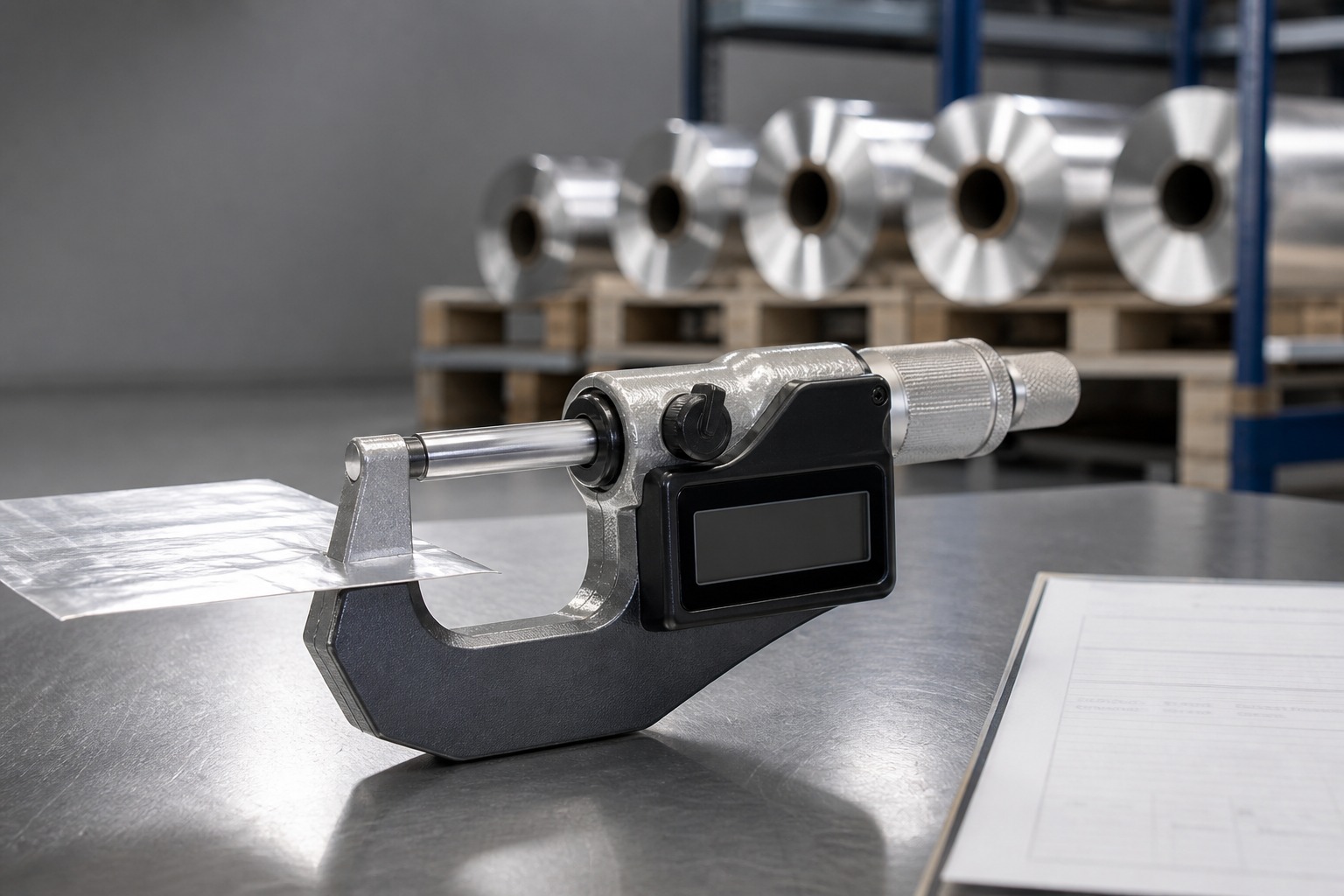 aluminum foil thickness - digital micrometer measuring aluminium foil thickness at a quality control station
