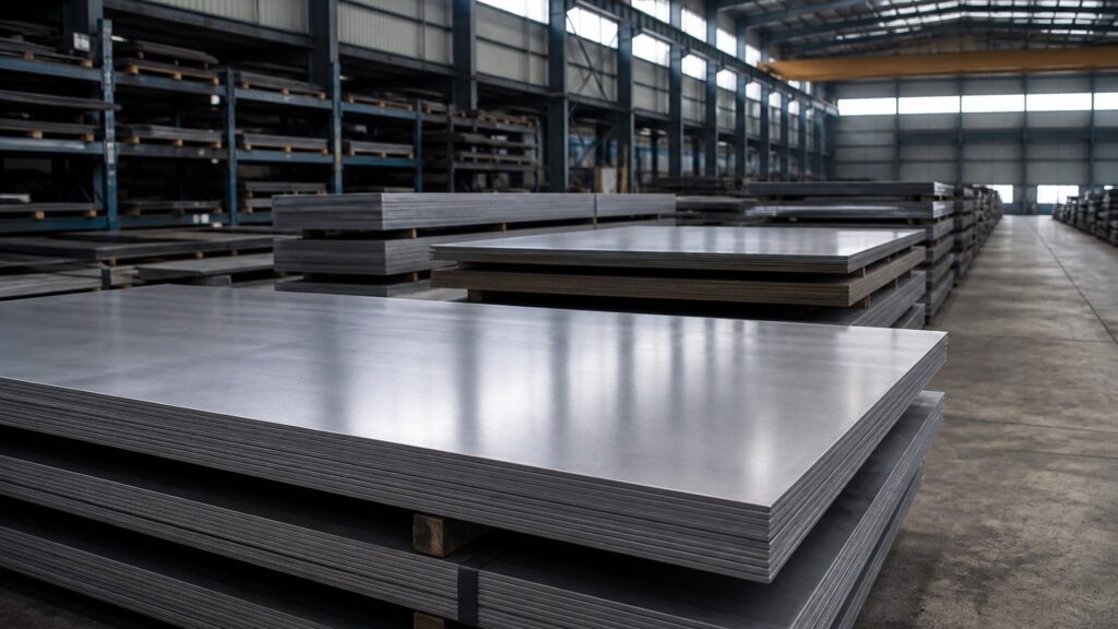 2b vs no.4 stainless finish - cold rolled stainless steel sheets and plates stacked in a mill warehouse