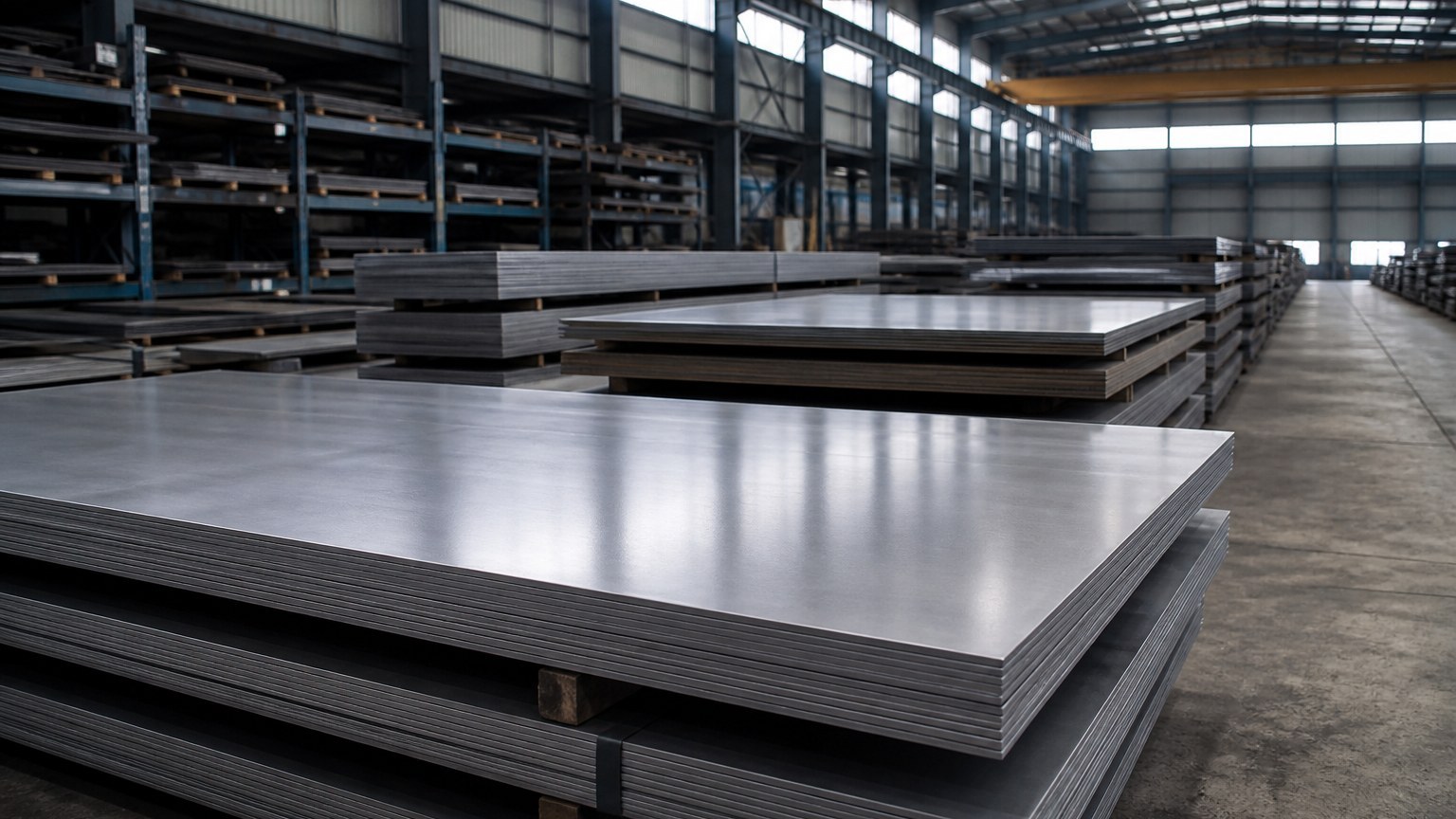 2b vs no.4 stainless finish - cold rolled stainless steel sheets and plates stacked in a mill warehouse
