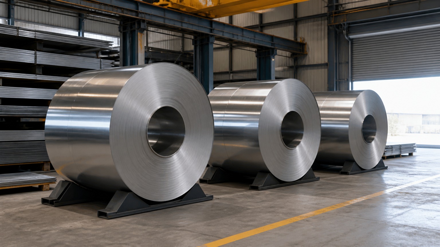 stainless steel sheet size - cold rolled stainless steel sheet coils staged in a plant warehouse before cutting
