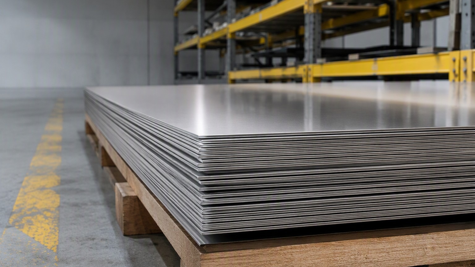 stainless steel sheet thickness chart - stacked 304 stainless steel sheets edge-on showing sheet thickness in a warehouse