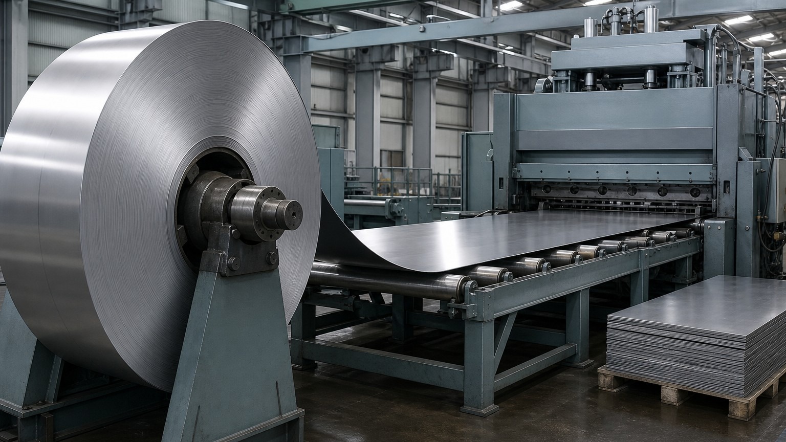 stainless steel sheet thickness - 304 stainless steel coil being uncoiled and cut to length on a slitting line