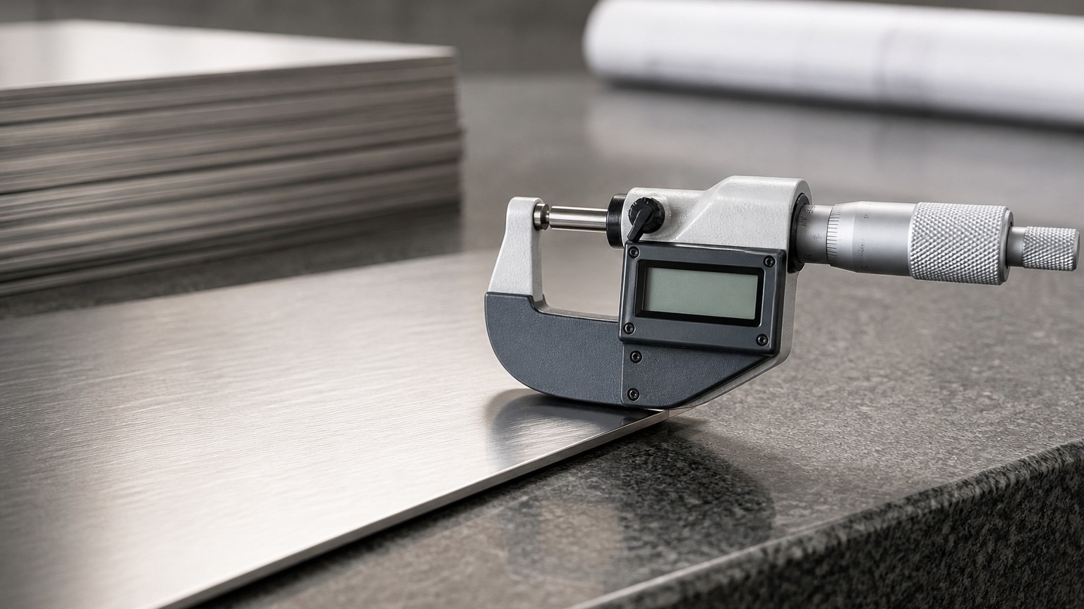 stainless steel sheet thickness - quality inspector measuring stainless steel sheet with a micrometer in an inspection bay
