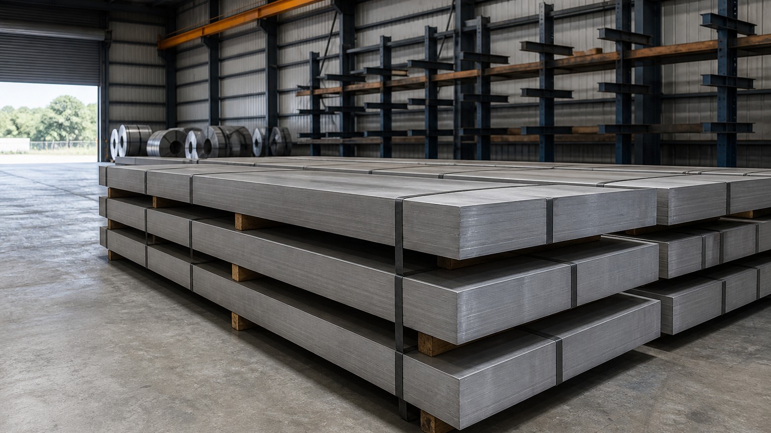 plasma laser waterjet stainless cutting - stacked 304 stainless steel plate bundles staged in a service centre before cutting
