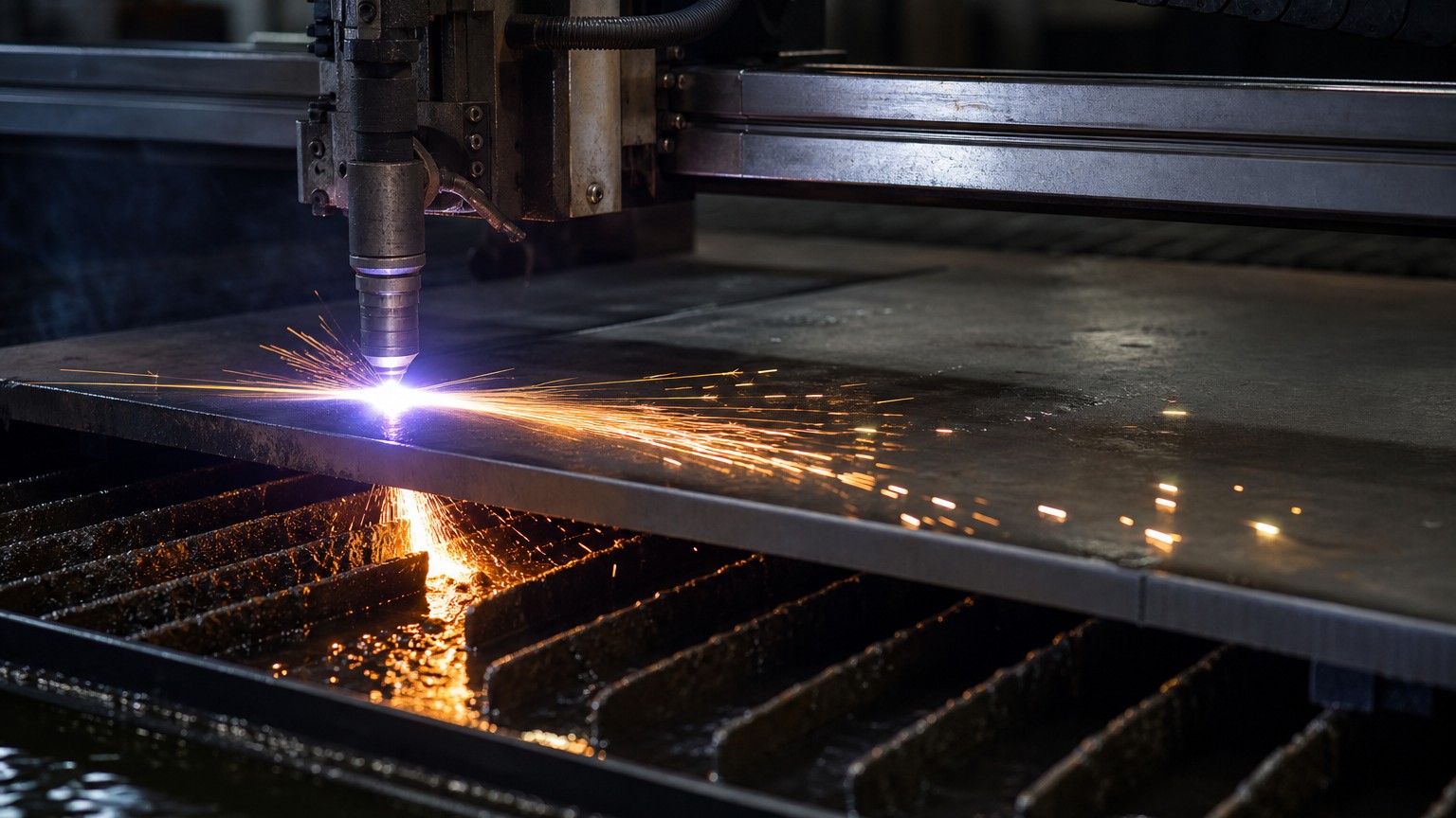 plasma laser waterjet stainless cutting - CNC plasma torch cutting thick stainless steel plate with a fan of sparks
