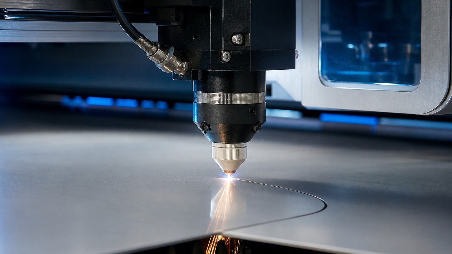 plasma laser waterjet stainless cutting - fiber laser cutting head slicing stainless steel sheet along a narrow kerf