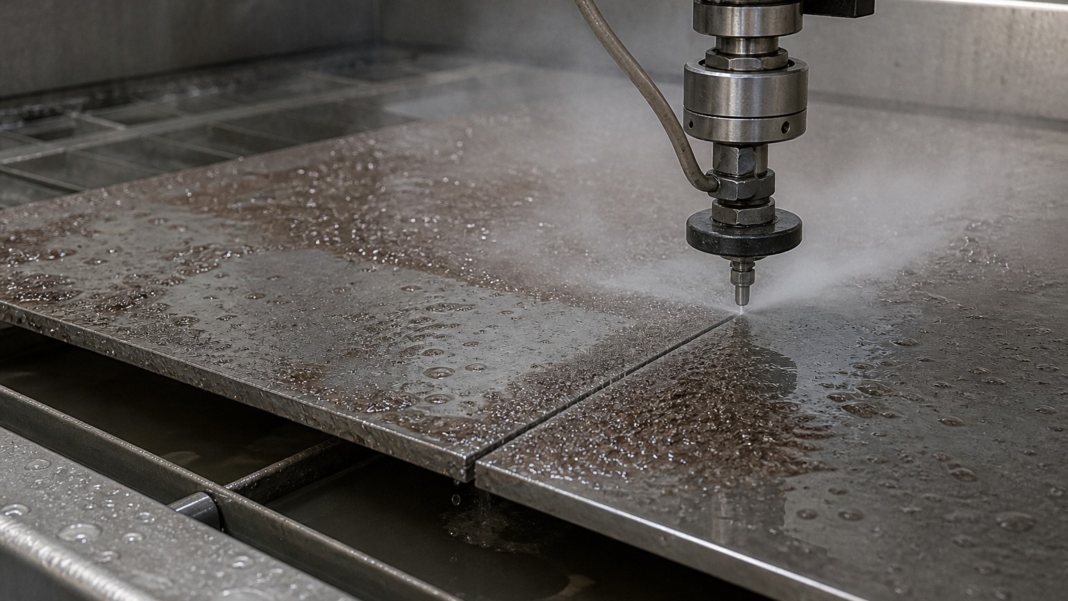 plasma laser waterjet stainless cutting - abrasive waterjet head cutting a stainless steel plate with mist and water spray
