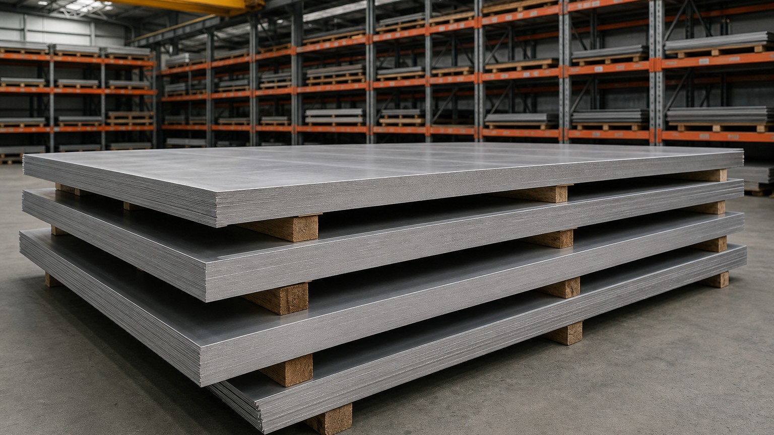 stainless plate fabrication - 304 and 316L stainless steel plate bundles stacked on dunnage in a steel service centre warehouse