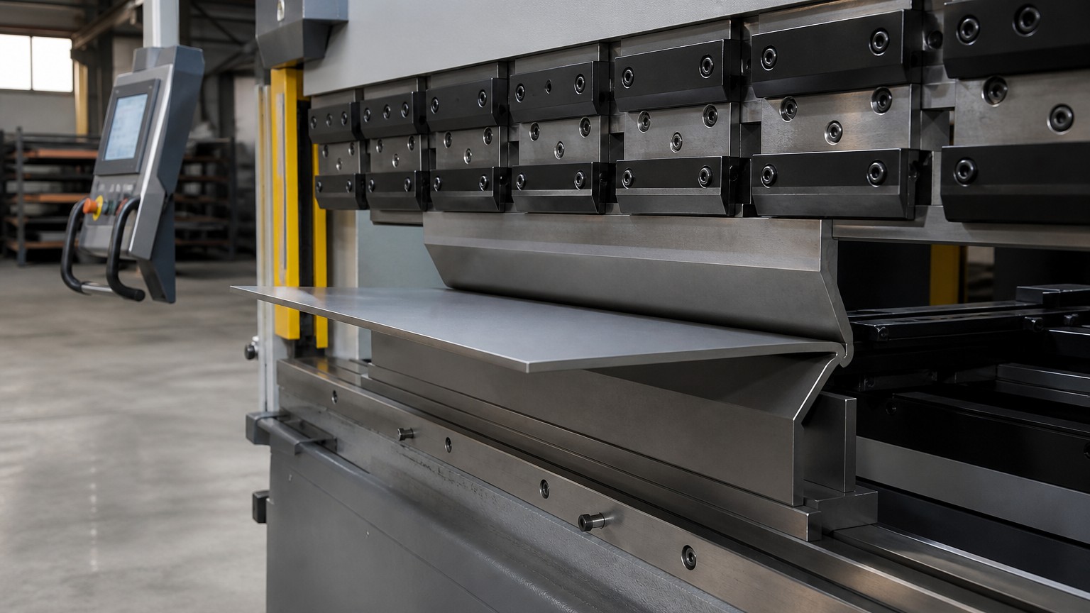 stainless plate fabrication - press brake bending a stainless steel plate to a formed angle in a fabrication workshop