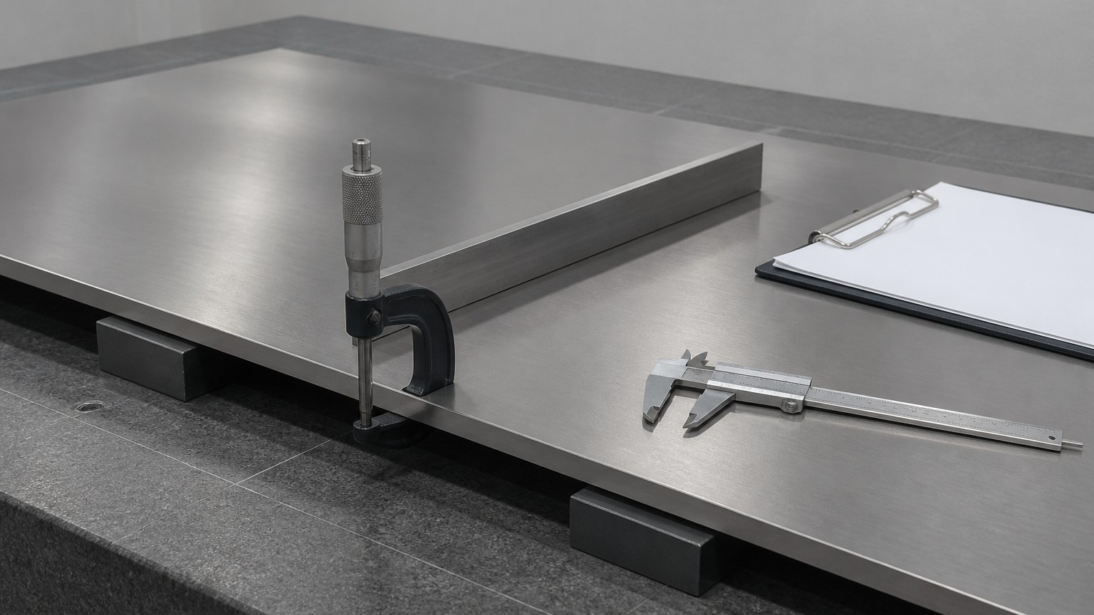 stainless plate fabrication - micrometer thickness inspection of a stainless steel plate on a surface table in an inspection bay