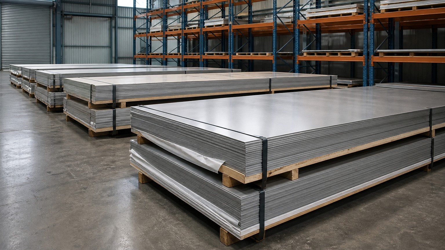304 vs 201 stainless steel - mill finish stainless steel sheets stacked in a warehouse