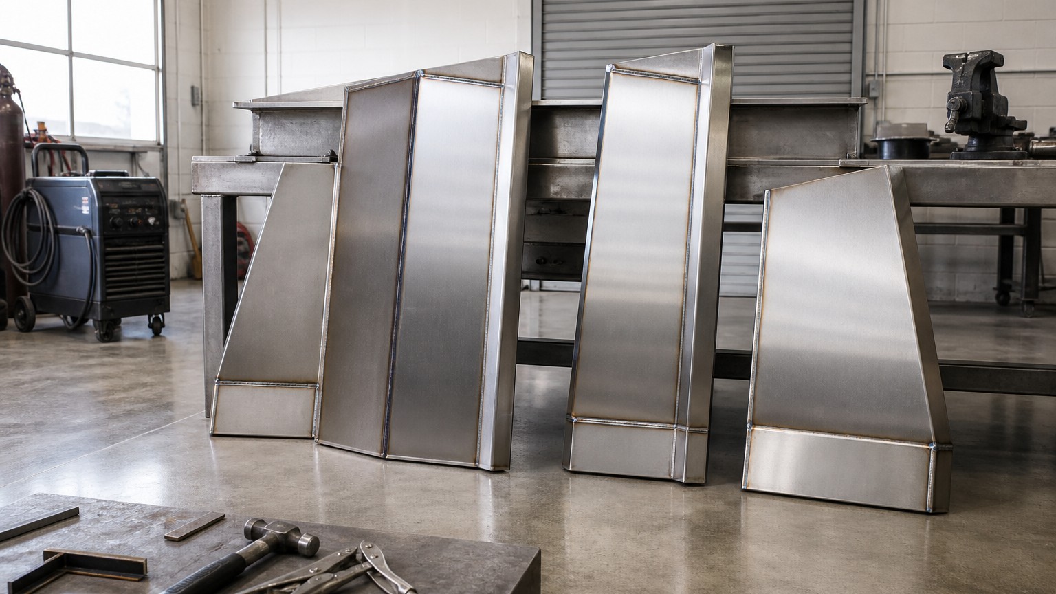 304 vs 201 stainless steel comparison - fabricated stainless steel sheet panels in a workshop