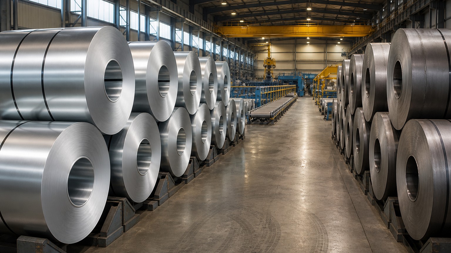 304 vs 316 stainless steel - coils of stainless steel strip stacked on steel saddles in a service centre warehouse