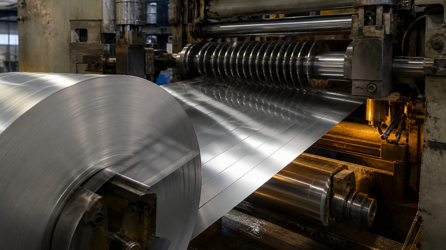 304 vs 316 stainless steel - stainless steel strip running through a slitting line in a cold rolling mill