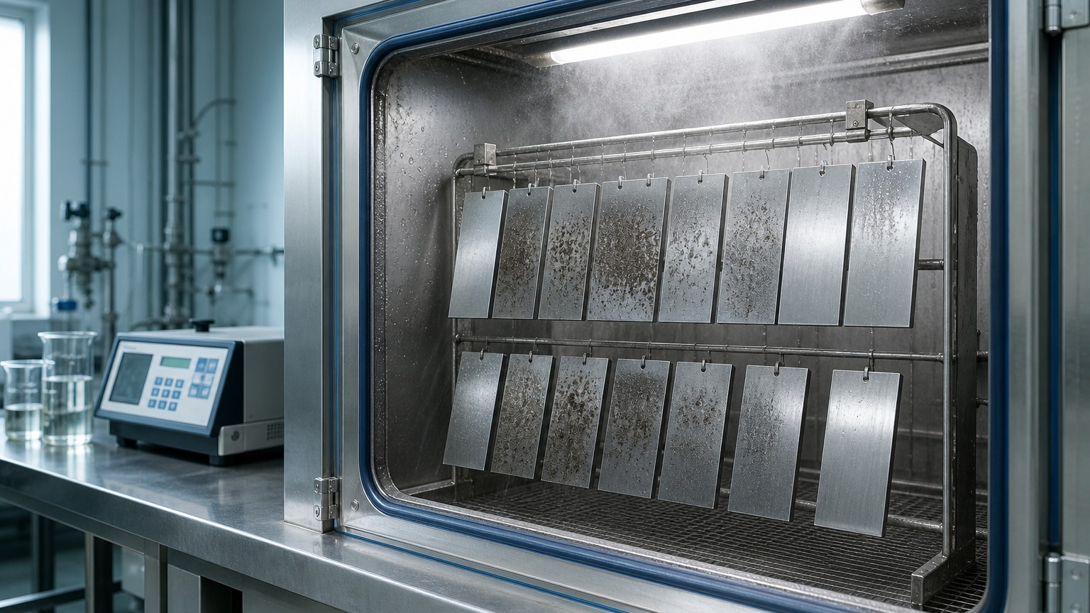 304 vs 316 stainless steel - corrosion test coupons mounted inside a salt spray chamber during chloride testing