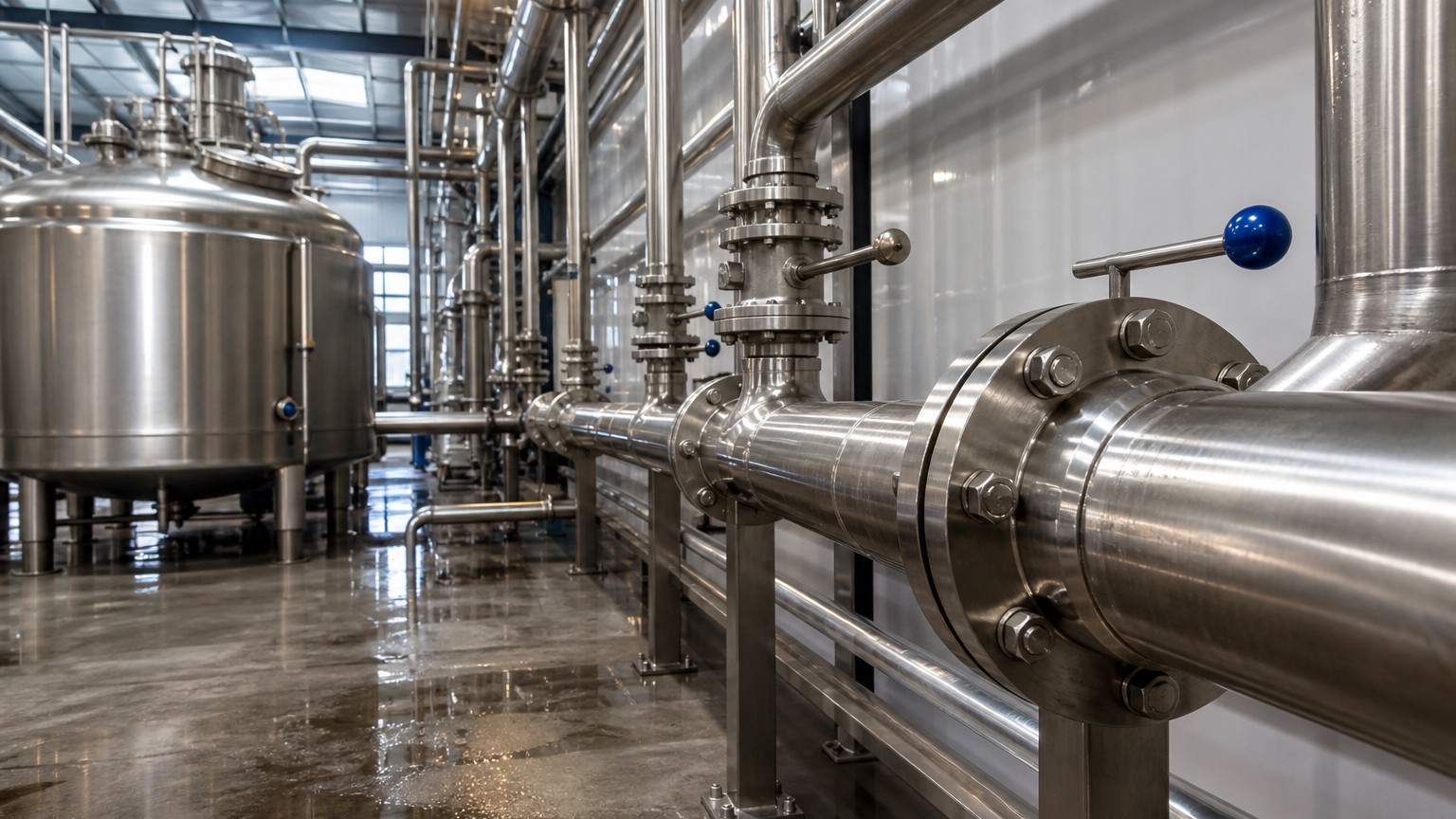 304 vs 316 stainless steel - 316 stainless steel process piping and a tank in a chemical plant interior