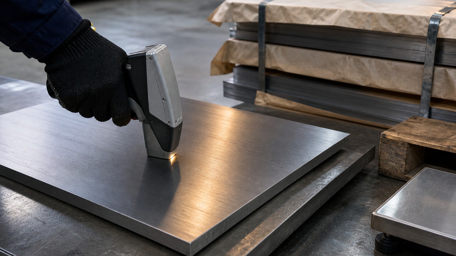304 vs 316 stainless steel - handheld spectrometer verifying the grade of a thick stainless steel plate during incoming inspection