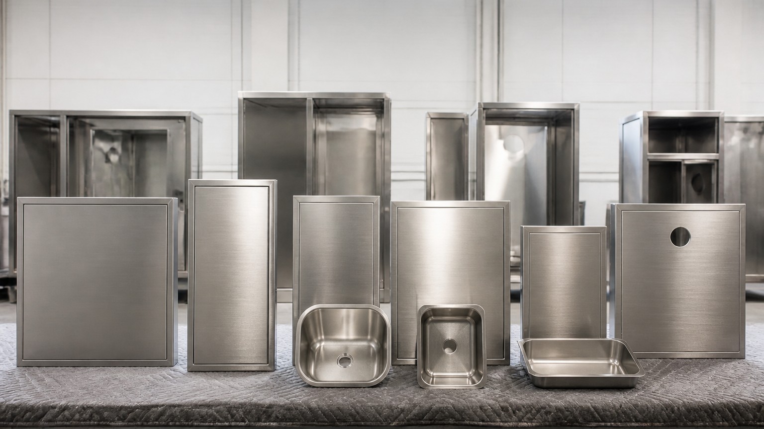 430 vs 304 stainless - brushed stainless steel appliance panels and kitchen equipment on a production line