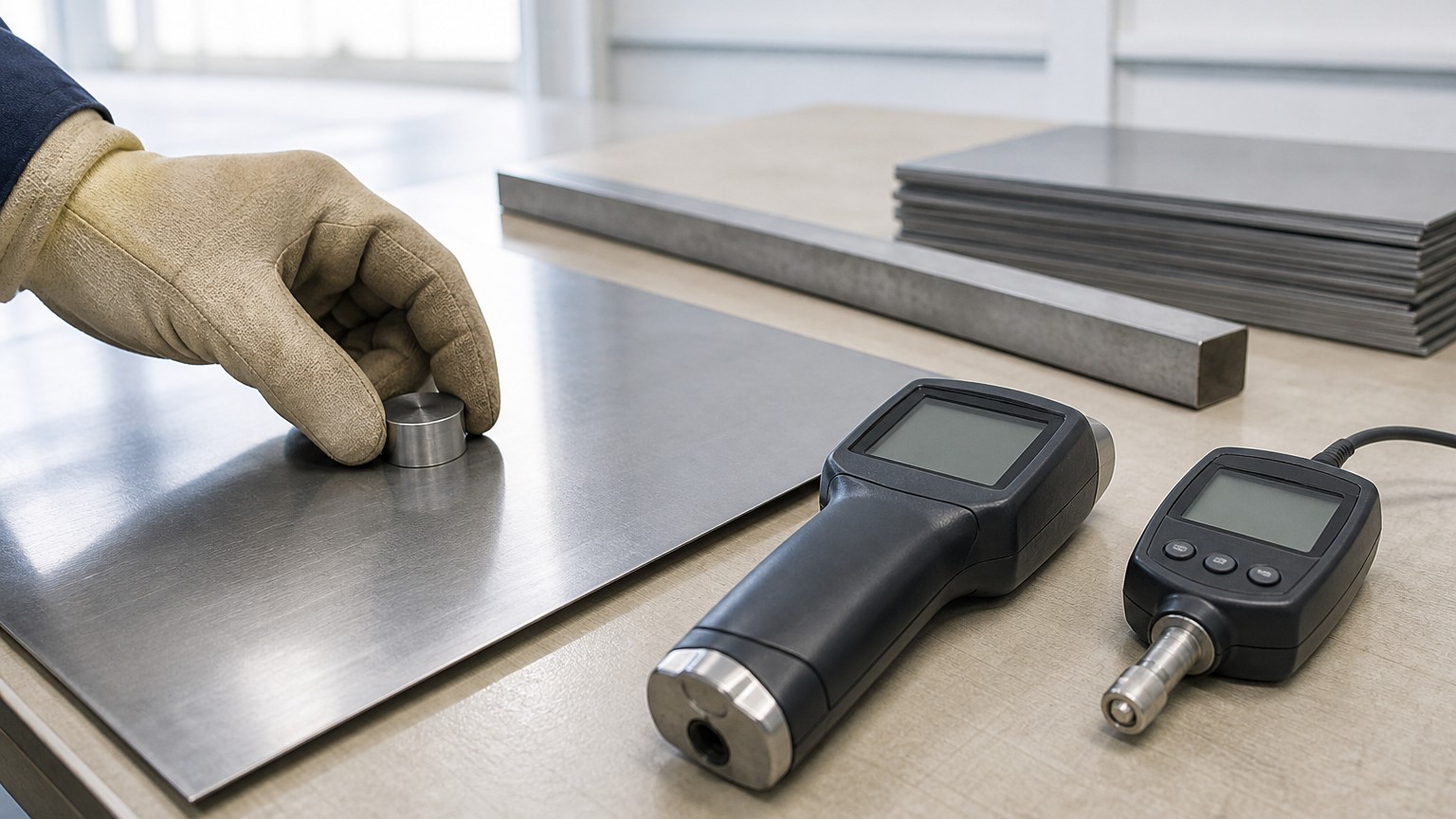 430 vs 304 stainless - handheld magnet and portable alloy analyser testing a stainless steel sheet in an inspection bay