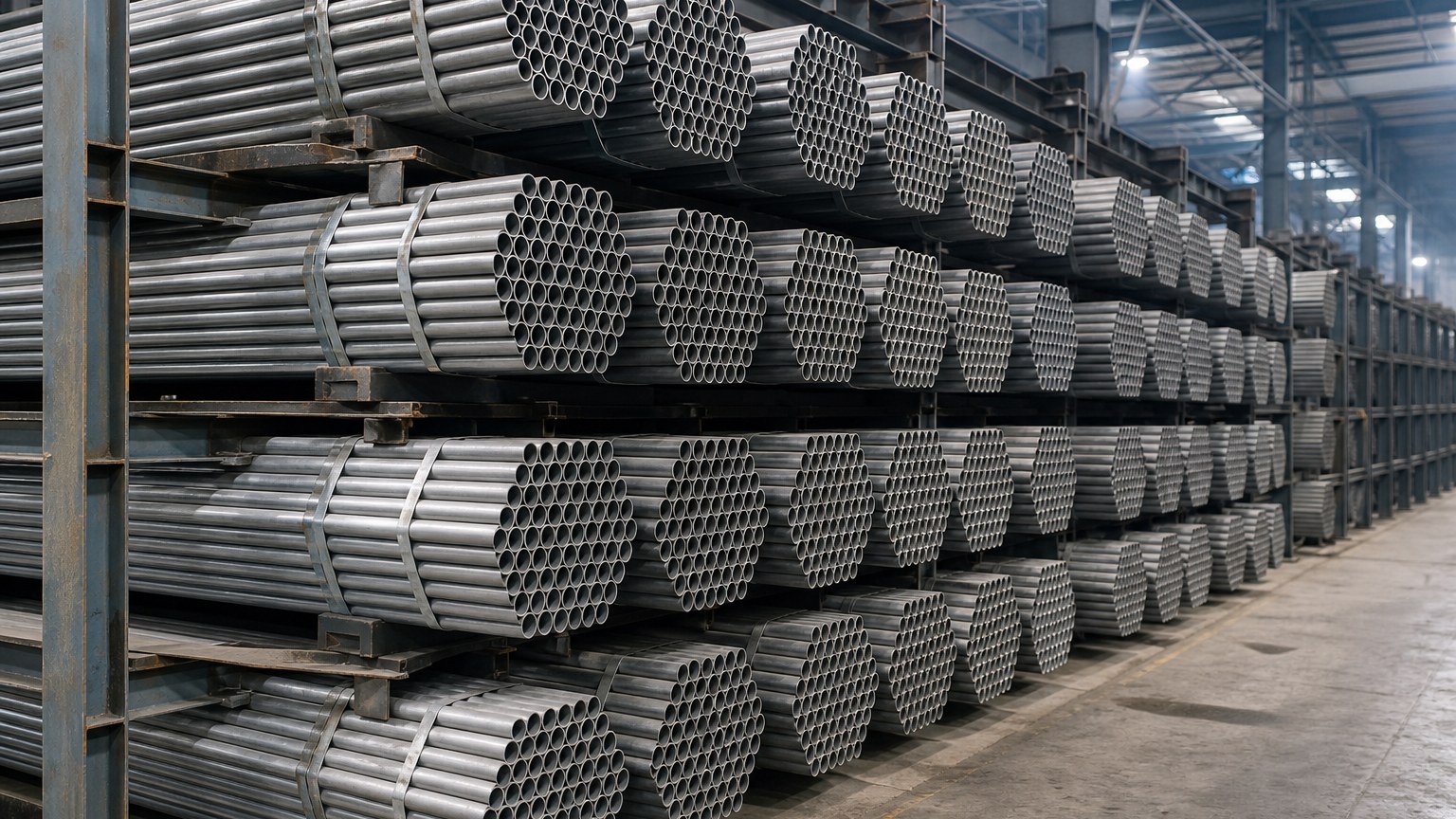 NPS vs DN pipe size - bundled seamless stainless steel pipes stored in a steel warehouse ready for inspection