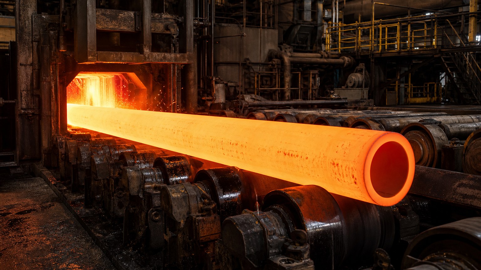 NPS to DN conversion - hot seamless steel pipe being formed on a rolling mill production line