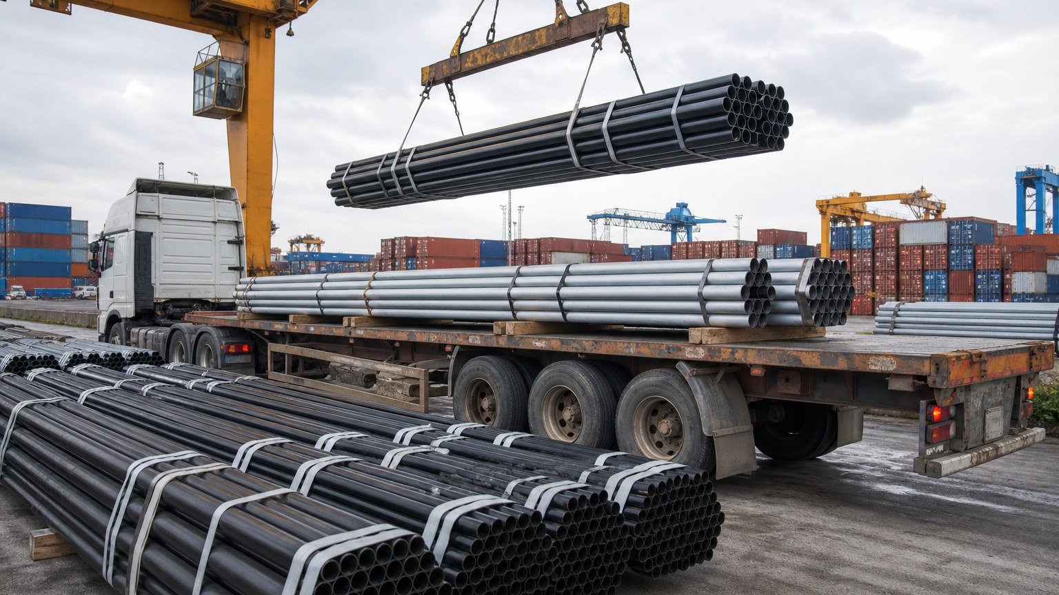 NPS vs DN pipe size - strapped steel pipe bundles loaded for export shipment at a port terminal