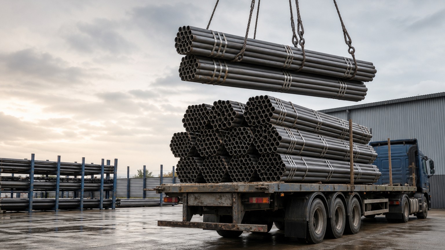 steel pipe dimensions - seamless steel pipe bundles being loaded for export at a steel mill