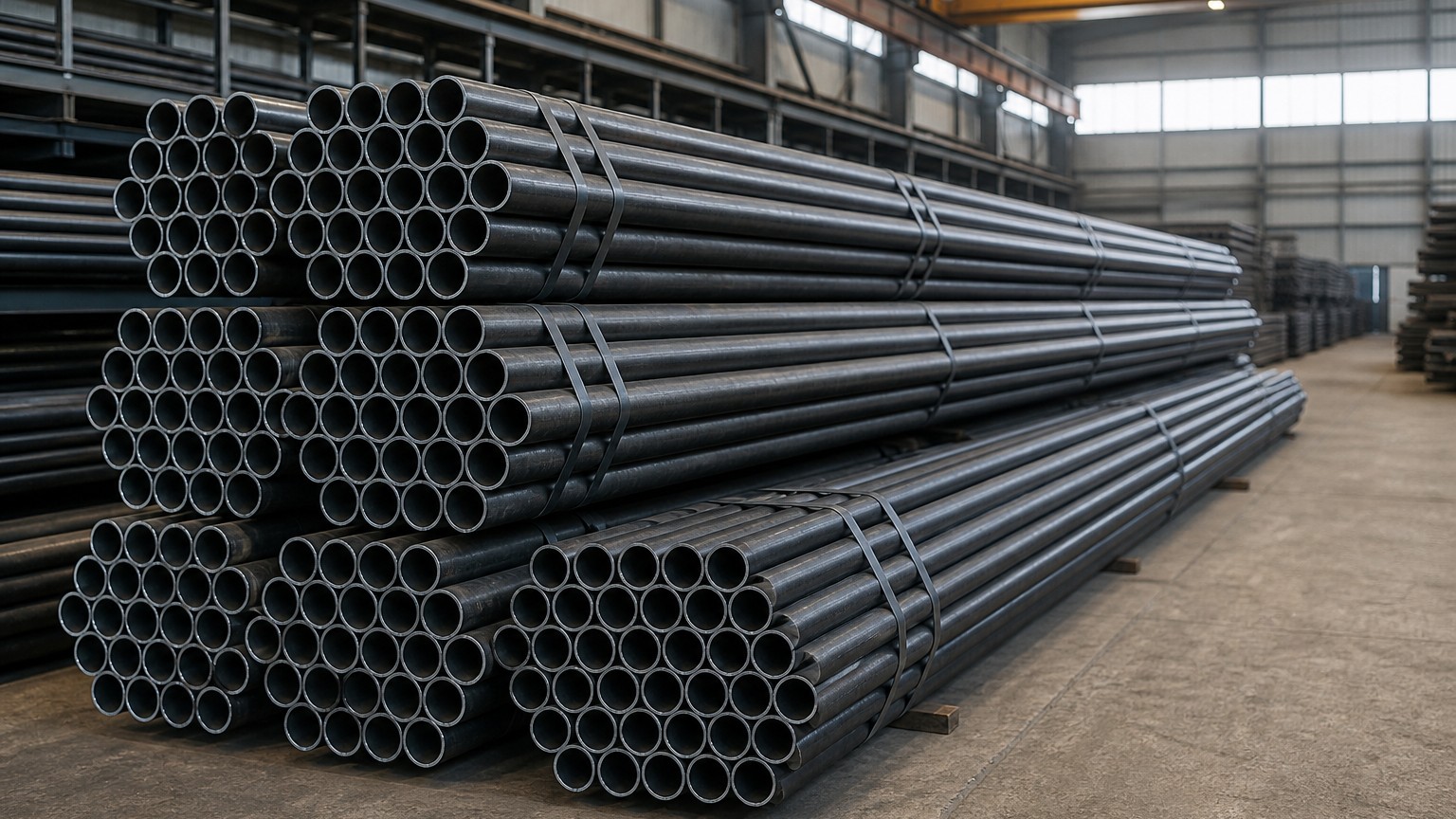 steel pipe sizes - bundles of carbon steel pipe stacked in a warehouse ready for dispatch