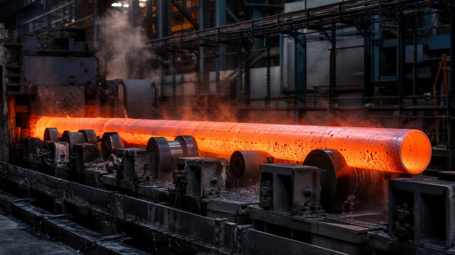 nominal pipe size - seamless steel pipe rolling on the production line inside a steel mill