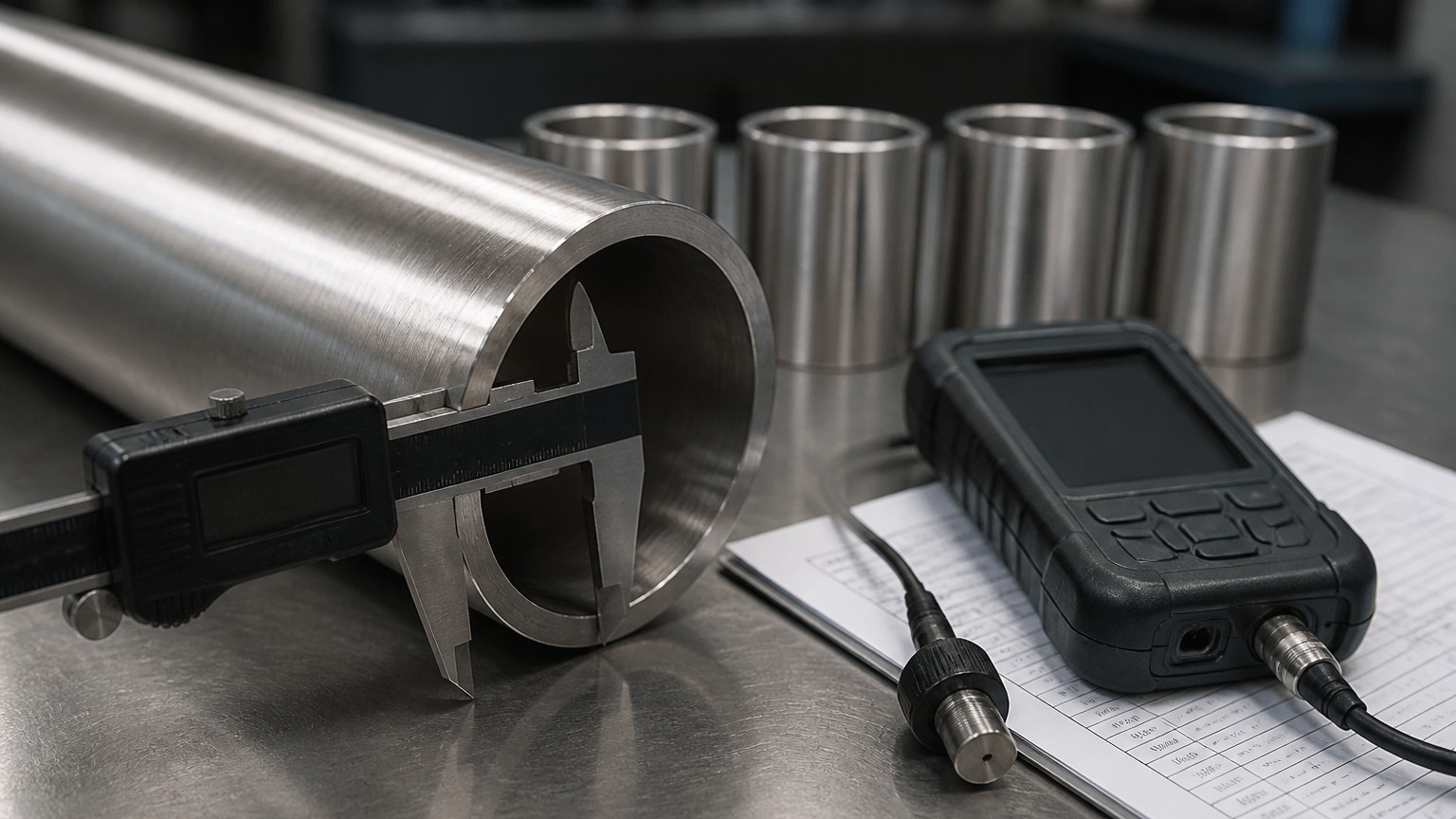 steel pipe size - stainless steel pipe in 2 inch Sch 10 being inspected before packing