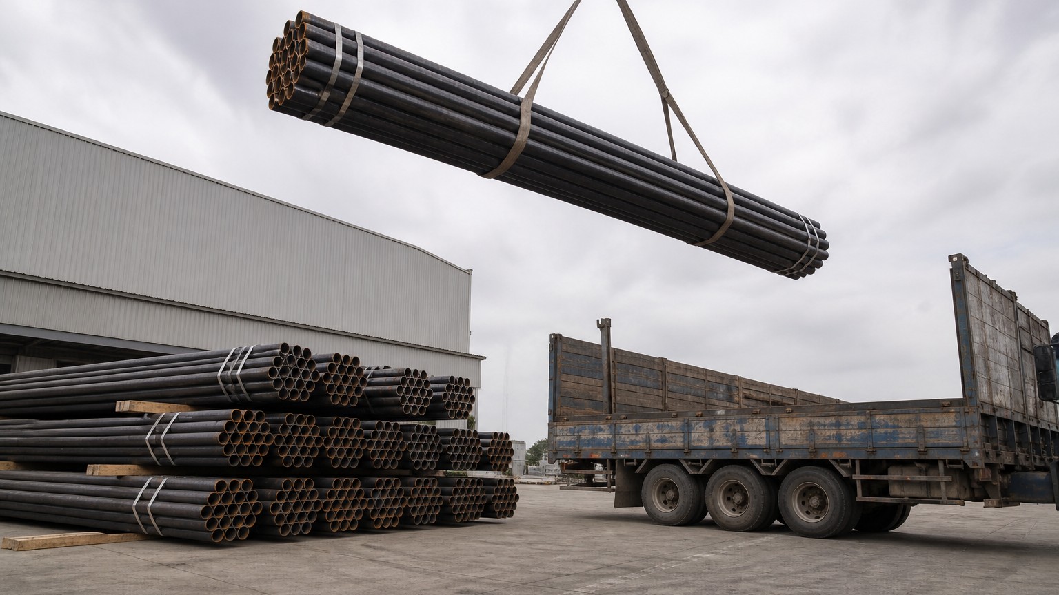 steel pipe sizes guide - steel pipe being loaded for export shipment at a steel service centre