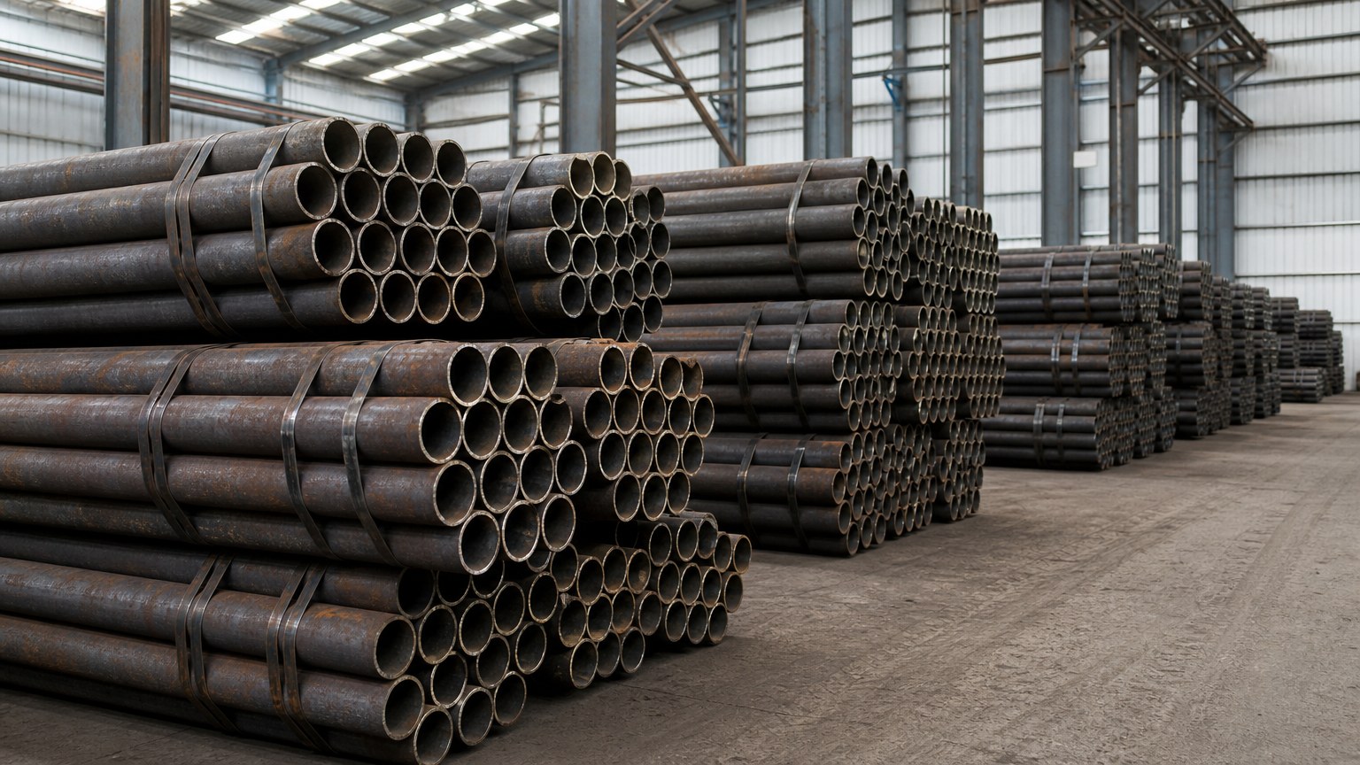 boiler tube grades - seamless carbon and alloy boiler tubes stacked in a steel warehouse
