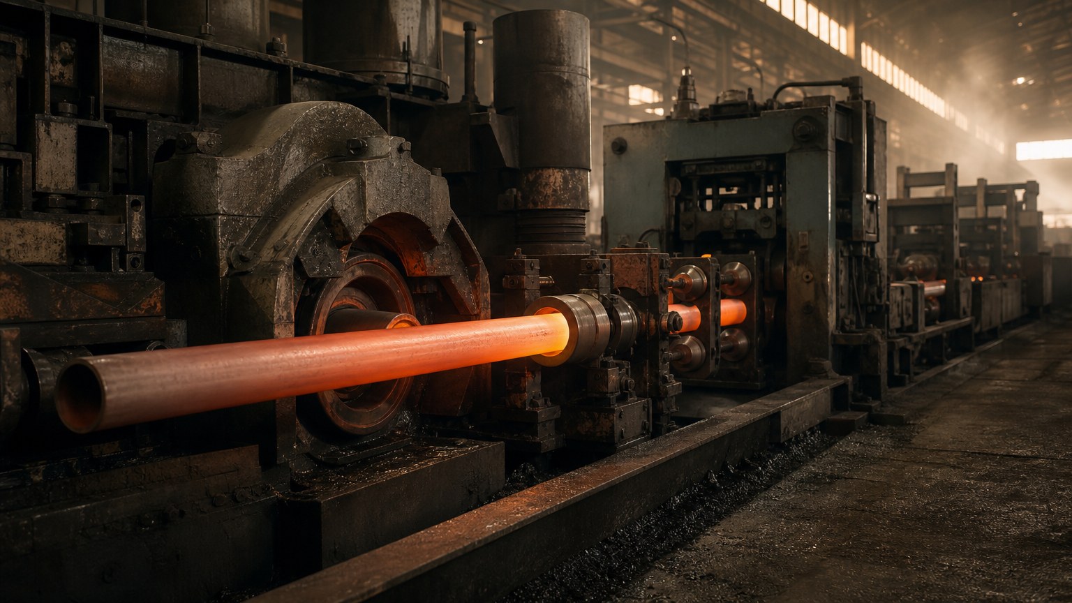 boiler tube grades - seamless boiler tube being rolled on a production line inside a steel mill