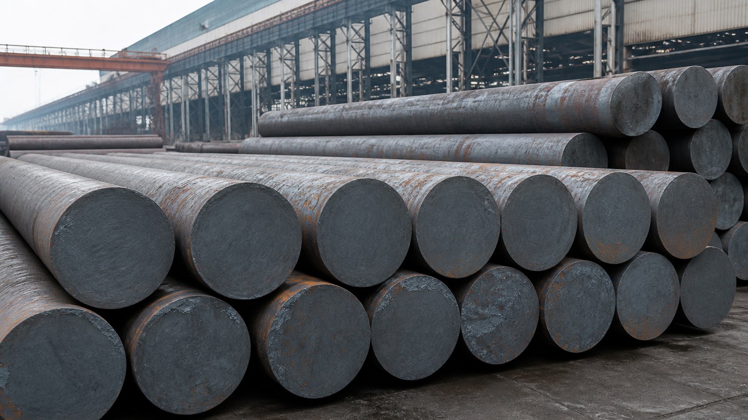 boiler steel pipe raw material - round carbon steel billets stacked at a seamless pipe mill
