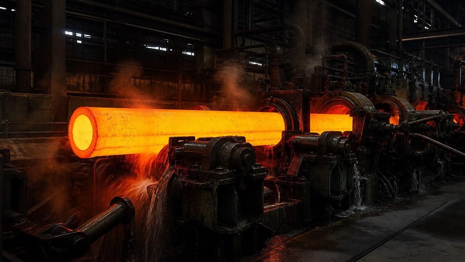 boiler steel pipe production - hot pierced seamless steel shell on a pipe rolling mill line