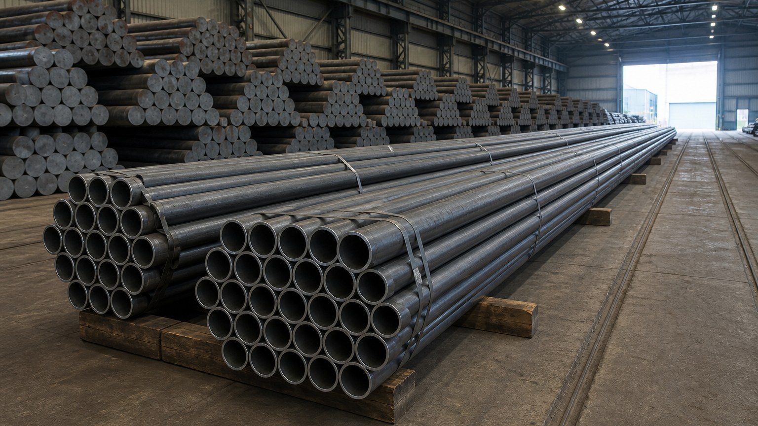 power plant piping - seamless alloy steel tubes in bundles on timber dunnage inside a steel mill warehouse