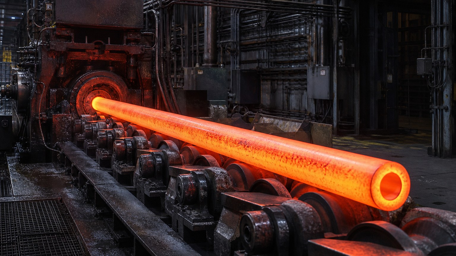 power plant piping - red hot seamless steel tube travelling along a roller table in a tube mill