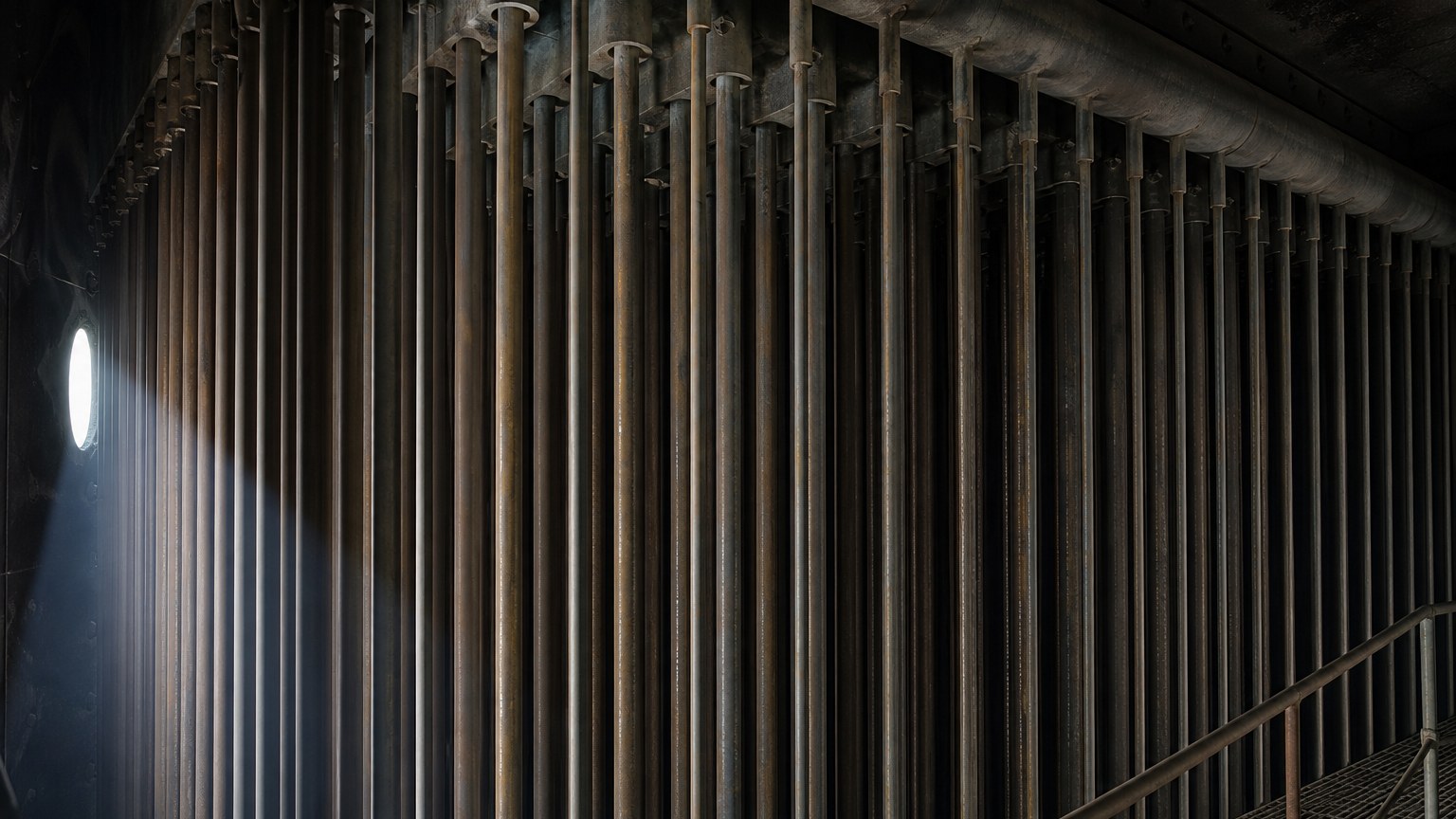 power plant piping - vertical superheater and reheater tube bank suspended from a header inside a boiler