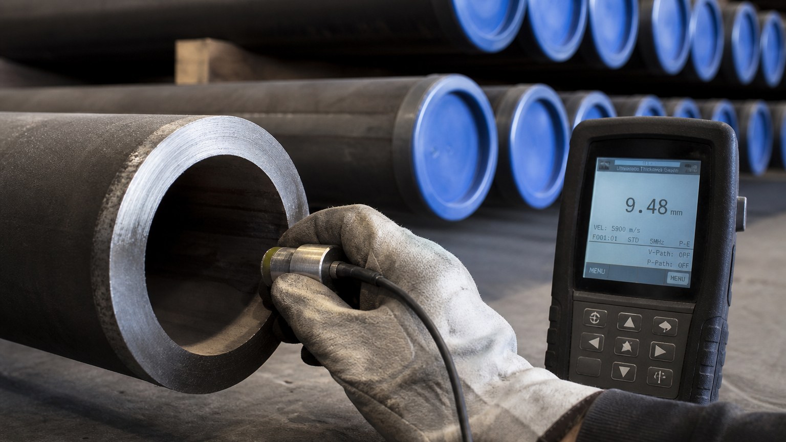 power plant piping - ultrasonic thickness gauge checking the wall thickness of a seamless boiler tube end before shipment