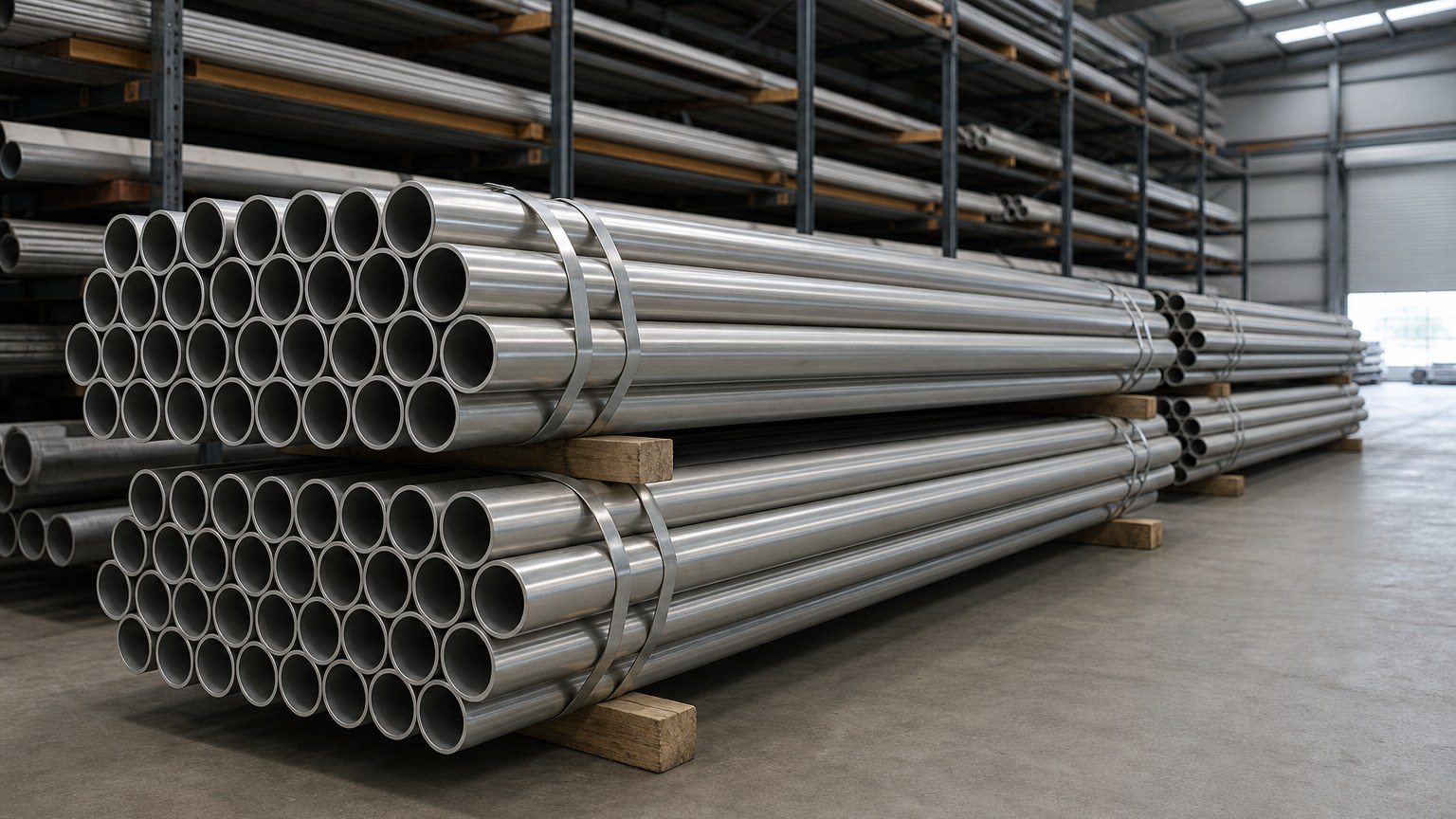 304L vs 316L pipe - stainless steel pipe bundles stacked in a steel warehouse before fabrication