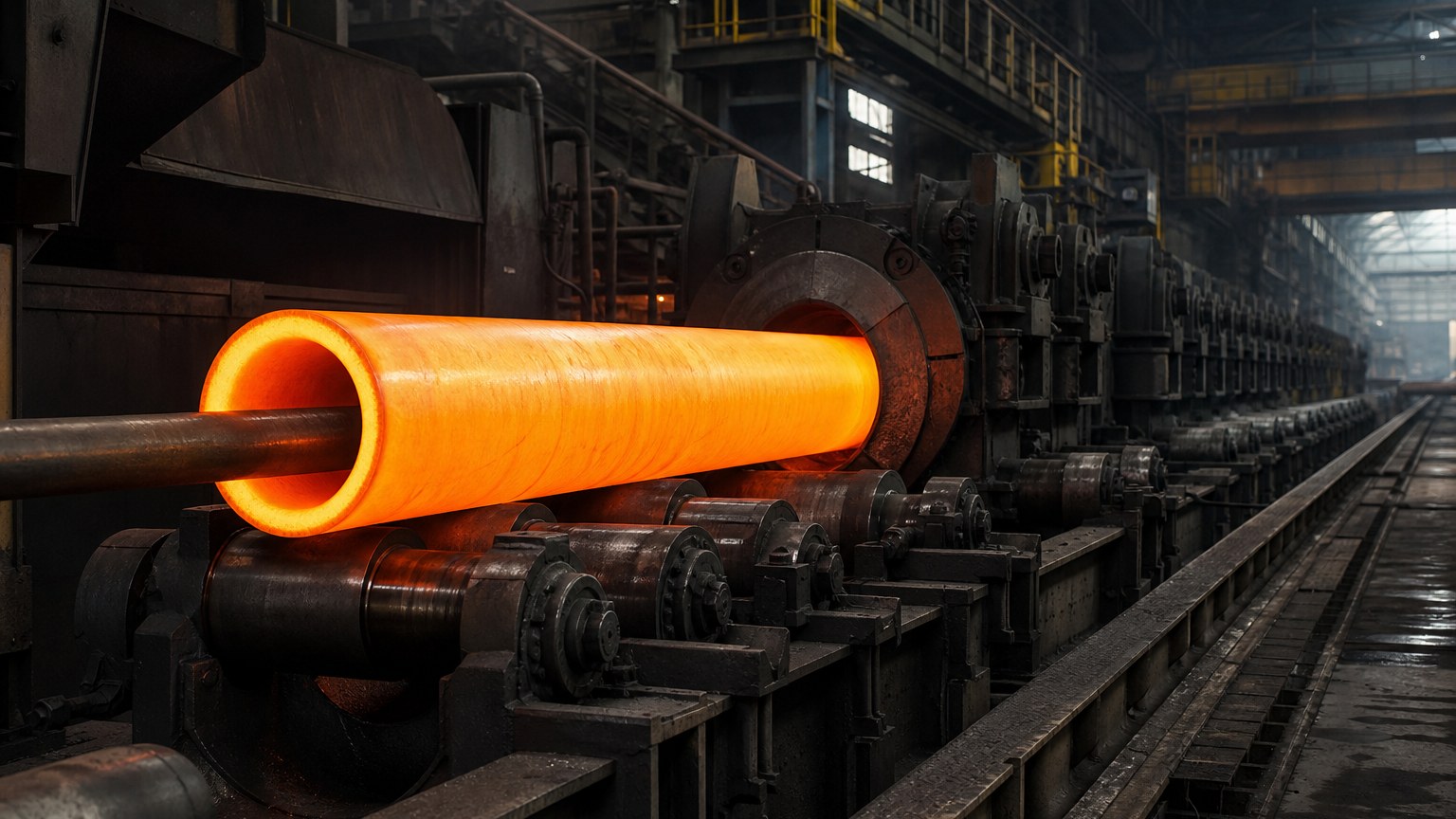 304L vs 316L stainless steel pipe - seamless stainless pipe being formed on a production line inside a steel mill
