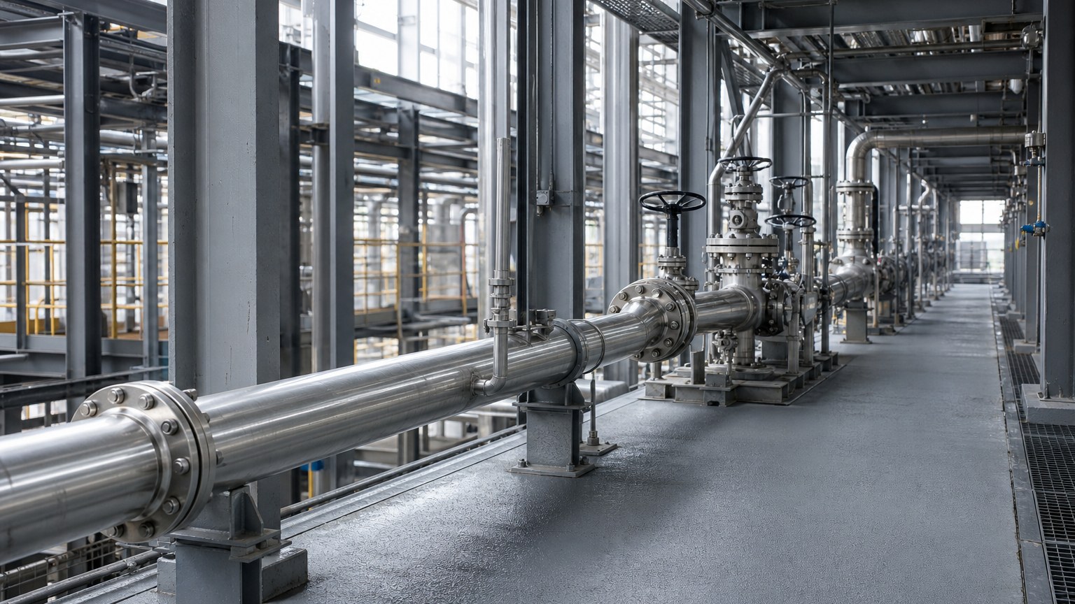 316L stainless steel pipe - process line pipework assembled in a chemical plant with stainless valve stations